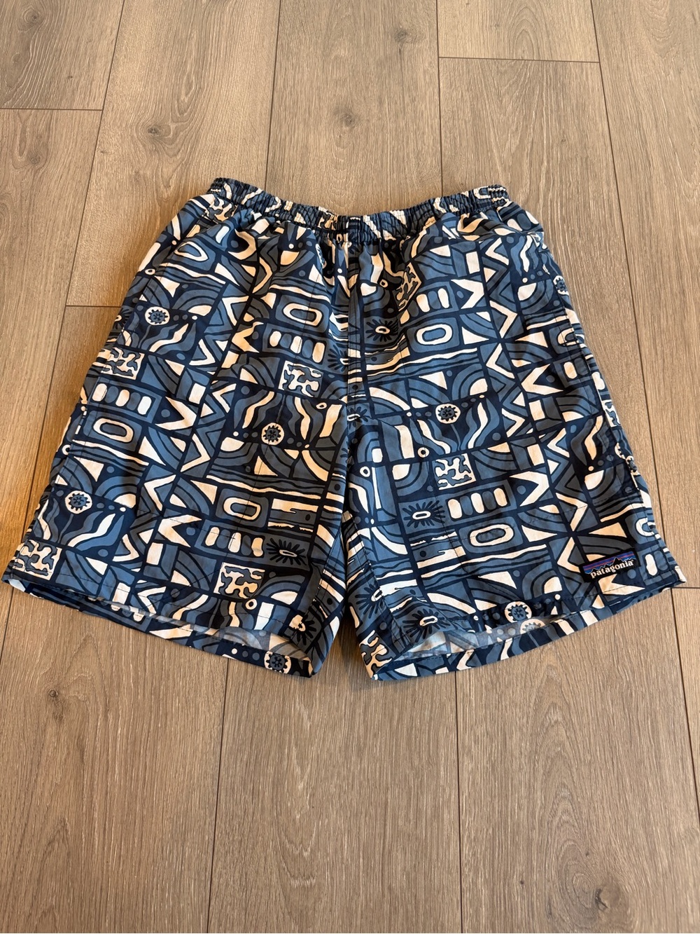 Patagonia Men’s Navy and White Geometric Swim Trunks